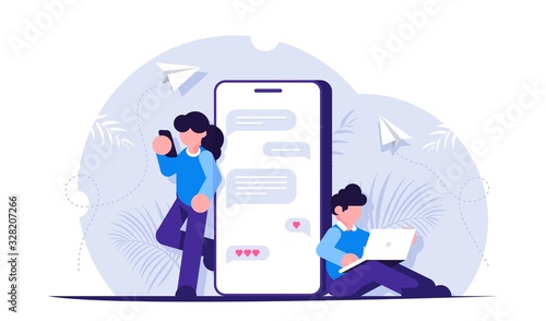 Online chat concept. People communicate on social media or messengers. Modern communication on the Internet. Immersion in virtual reality. Modern flat vector iluustration.