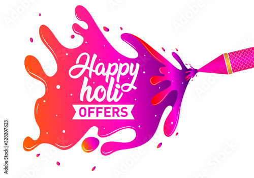 Happy Holi Offers Logo, banner, Icon, Design, Sticker, Concept, Greetings,  Card, Template, Poster, Unit, Label, Web, Mnemonic with Pichkari and Water Color splash. The Indian festival of colors.