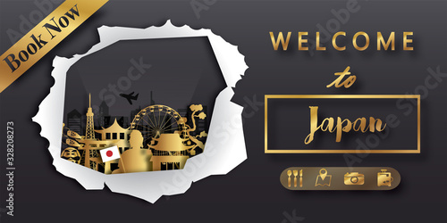 Japan Travel postcard, poster, tour advertising of world famous landmarks in paper cut style. Vectors illustrations