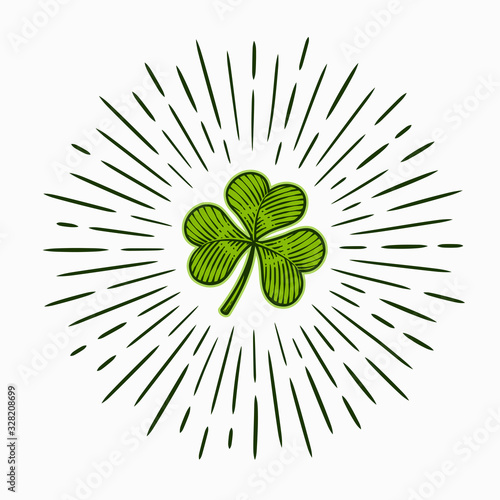 Vector illustration of shining trefoil clover in vintage engraving style.