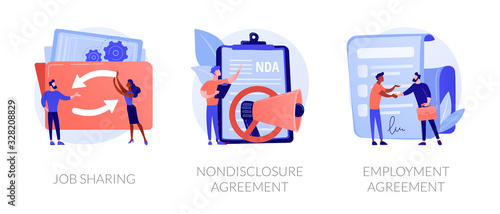 Company principles icons set. Employer and employee contract, labor obligations. Job sharing, nondisclosure agreement, employment agreement metaphors. Website web page template - concept metaphors.