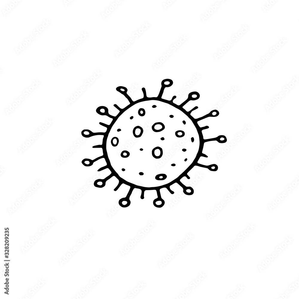 Virus icon. The Molecule viral bacteria infection. Coronavirus. Flu laboratory infection test. Contour doodle outline monochrome vector hand drawn