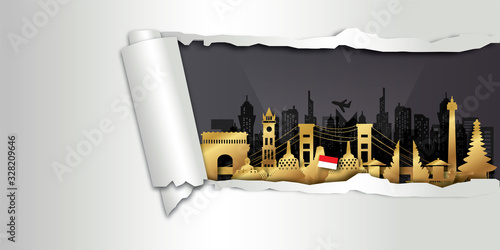 Indonesia Travel postcard, poster, tour advertising of world famous landmarks in paper cut style. Vectors illustrations