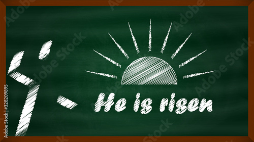 Christian religious design for the celebration of the Savior's Easter cross with the sunrise scene with the message that He rose. Is drawing chalk on the blackboard. vector