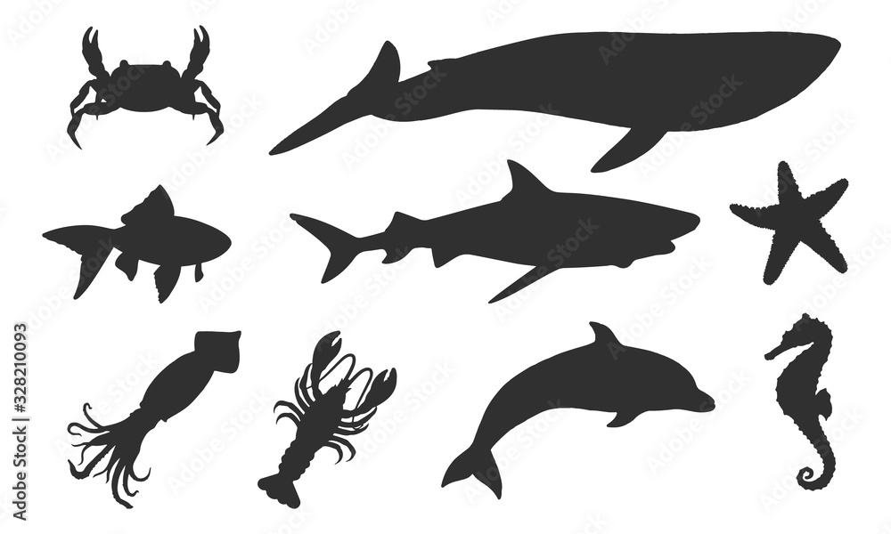 Vector silhouettes of sea animals and underwater inhabitants on a white ...