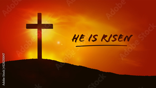 Christian religious design for Easter celebration. Resurrection of Jesus Christ. The dawn of the new morning and the cross is empty. Vector illustration