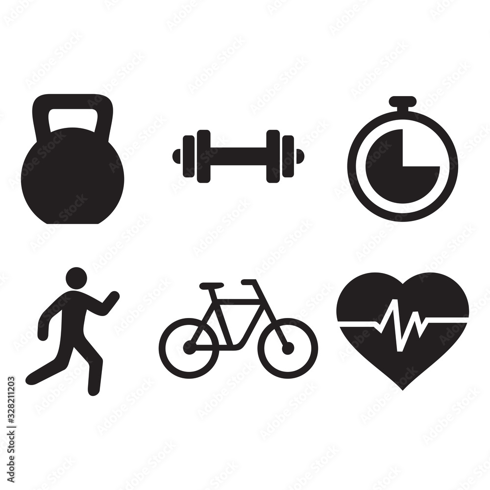 FITNESS ICON, ONE SET OF FITNES TOOLS ICON Stock Vector