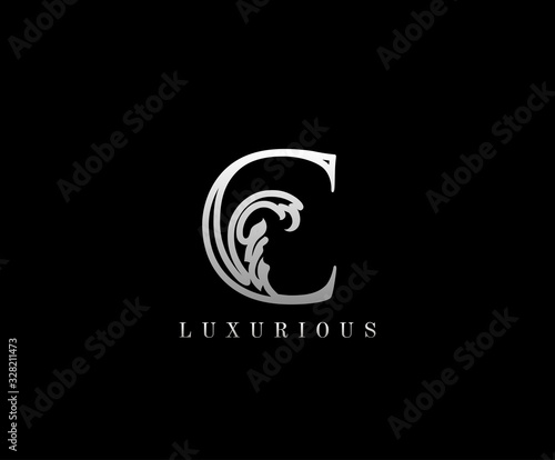 Initial C letter luxury beauty flourishes vintage monogram silver logo perfect for boutique, wedding invitation, restaurant,hotel.