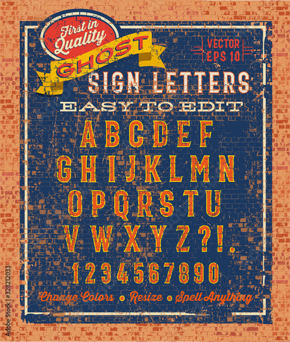 Vintage eroded painted sign on brick wall with vintage alphabet font.  Template for design, easy to edit layered file. Use with any font or design elements. Vector Illustration.