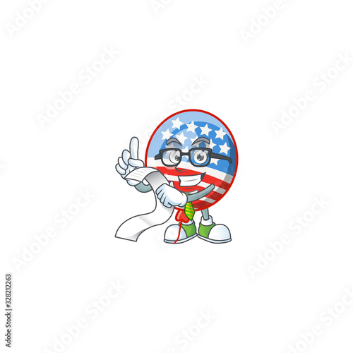 A funny face character of USA stripes balloon holding a menu