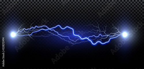 Realistic lightning. Thunder spark light on transparent background. Illuminated realistic path of thunder and many sparks. Bright curved line.