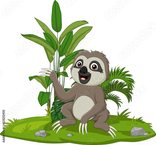 Cute baby sloth sitting on the grass