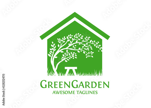green garden house vector illustration logo concept, green house logo design