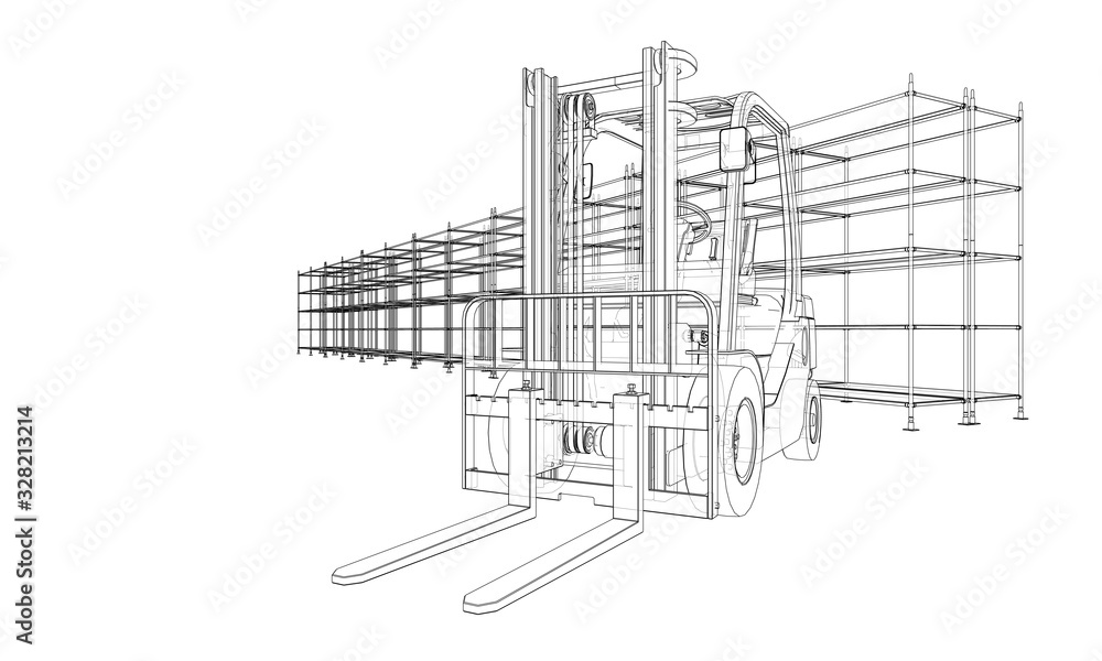 Warehouse shelves and forklift. Vector