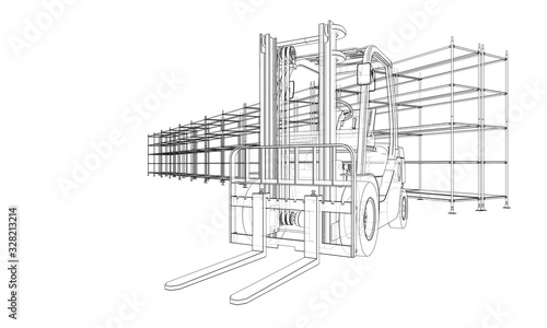 Warehouse shelves and forklift. Vector