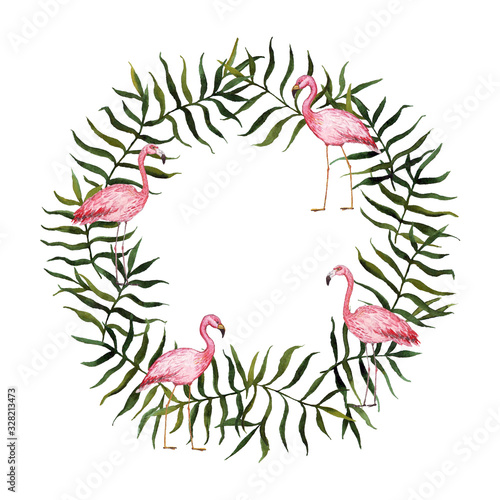 Frame with Watercolor flamingos and tropical plants.  Birds  and palm leaves watercolor seamless background illustration