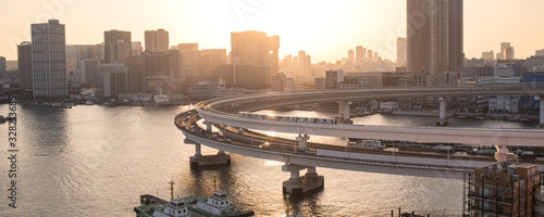 Yurikamome Train on Rainbow Bridge and Tokyo skyline at sunset　夕暮れのレインボーブリッジを走るゆりかもめと東京湾岸のビル群 photo