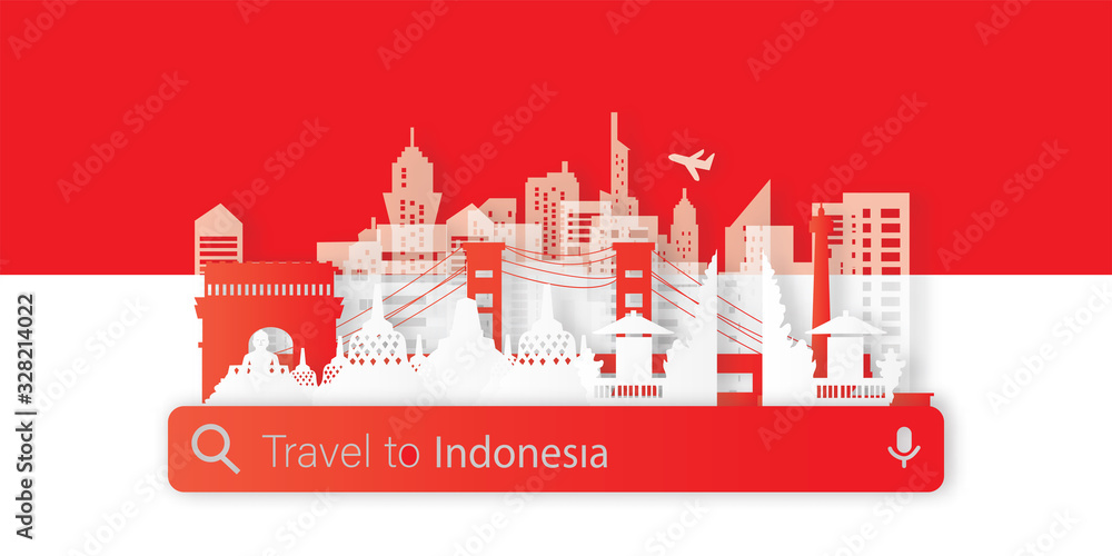 Indonesia Travel postcard, poster, tour advertising of world famous landmarks in paper cut style. Vectors illustrations