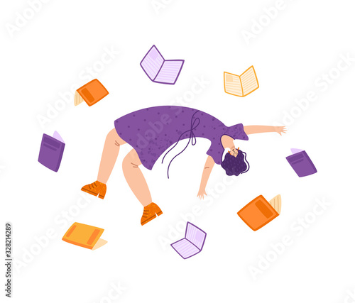 Flying dreaming girl with books, study or literature fan concept, cute woman in dynamic pose flys - isolated on white. flat female cartoon textured character - vector illustration