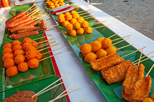 Malaysian sate and sausages - street food at night market in Langkawi photo