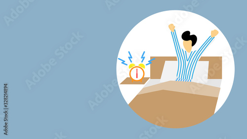 The cartoon illustration picture of a man is waking up in the morning because of his alarm clock. ( vector )