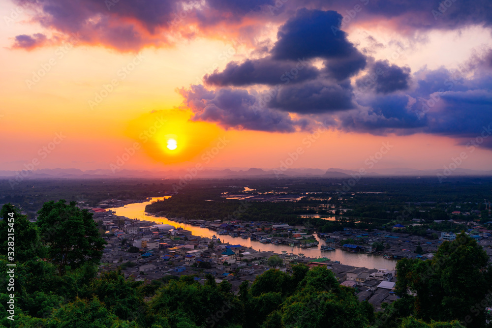 Sunset at  Mutsea Mountain Viewpoint Chumphon,Thailand. This is main travel attraction in Chumphon province.