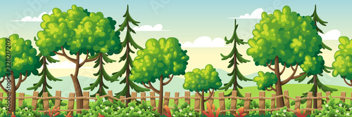 Seamless summer landscape with trees, fence and flowers. Vector Illustrations with separate layers. Concept for banner, web background and templates.