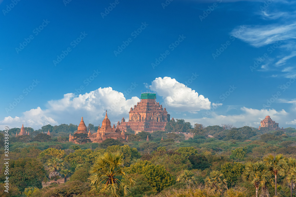 Scenic and stunning sunrise at Archaeological Zone over Bagan in Myanmar. Bagan is an ancient city and World Heritage Site certified by UNESCO with thousands of historic buddhist temples