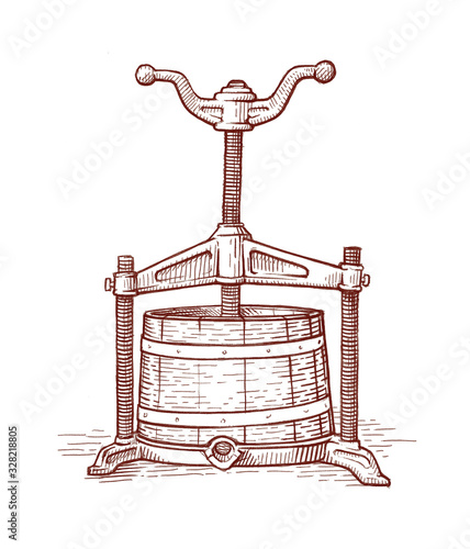 Tableau sur toile Grapes press in vintage style/engraving