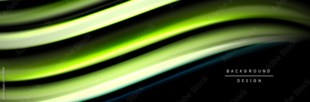 Silk and smooth flow wave poster design. Color waves, liquid style lines and shapes in black color background Silk and smooth flow wave poster design. Color waves, liquid style lines and shapes in black color background