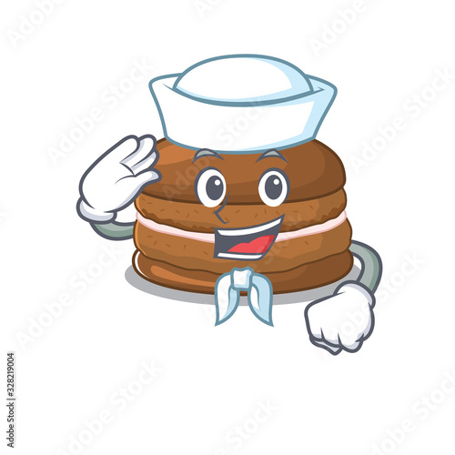 Chocolate macaron cartoon concept Sailor wearing hat