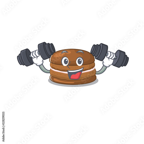 Sporty Fitness exercise chocolate macaron mascot design using barbells