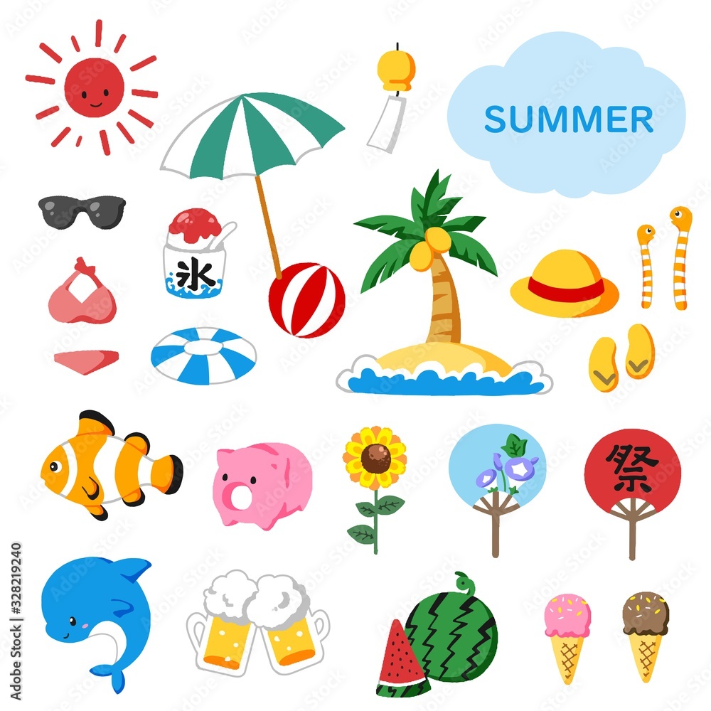 手書き風 シンプルで可愛い夏素材のイラストセット 手書き風 シンプルで可愛い夏素材のイラストセット