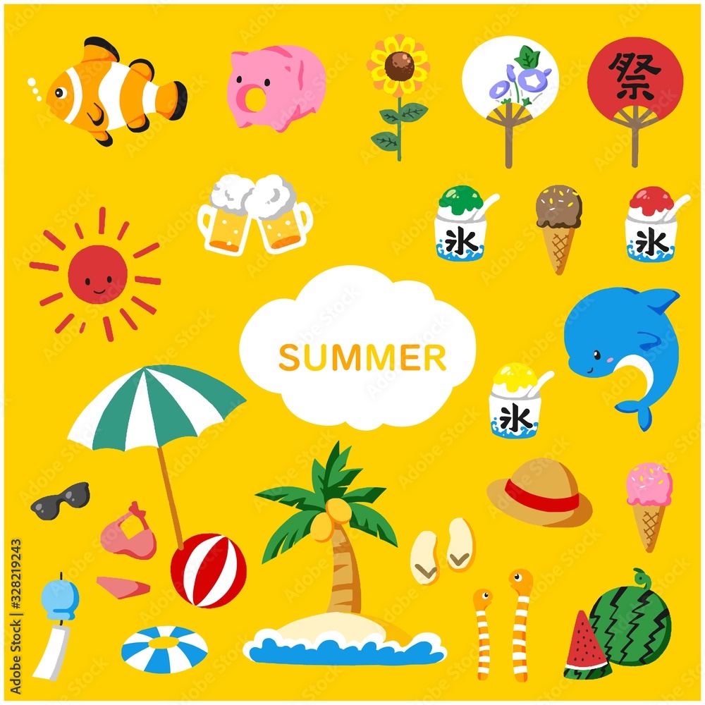 Fototapeta premium 手書き風 シンプルで可愛い夏素材のイラストセット