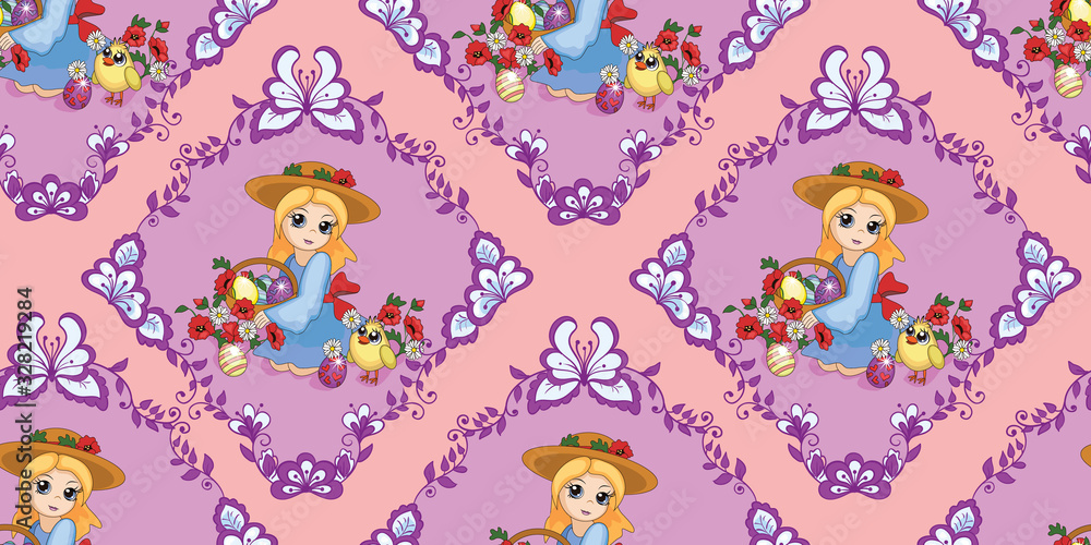 Fototapeta premium beautiful seamless Easter pattern with a girl