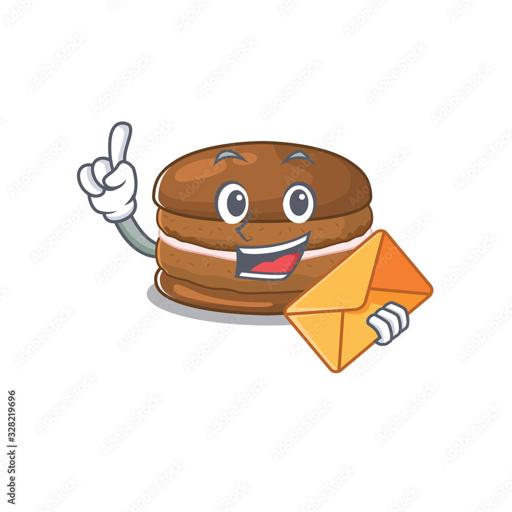 Happy face chocolate macaron mascot design with envelope Happy face chocolate macaron mascot design with envelope