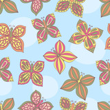 Abstract hand- drawn butterflies on a blue background, seamless pattern
