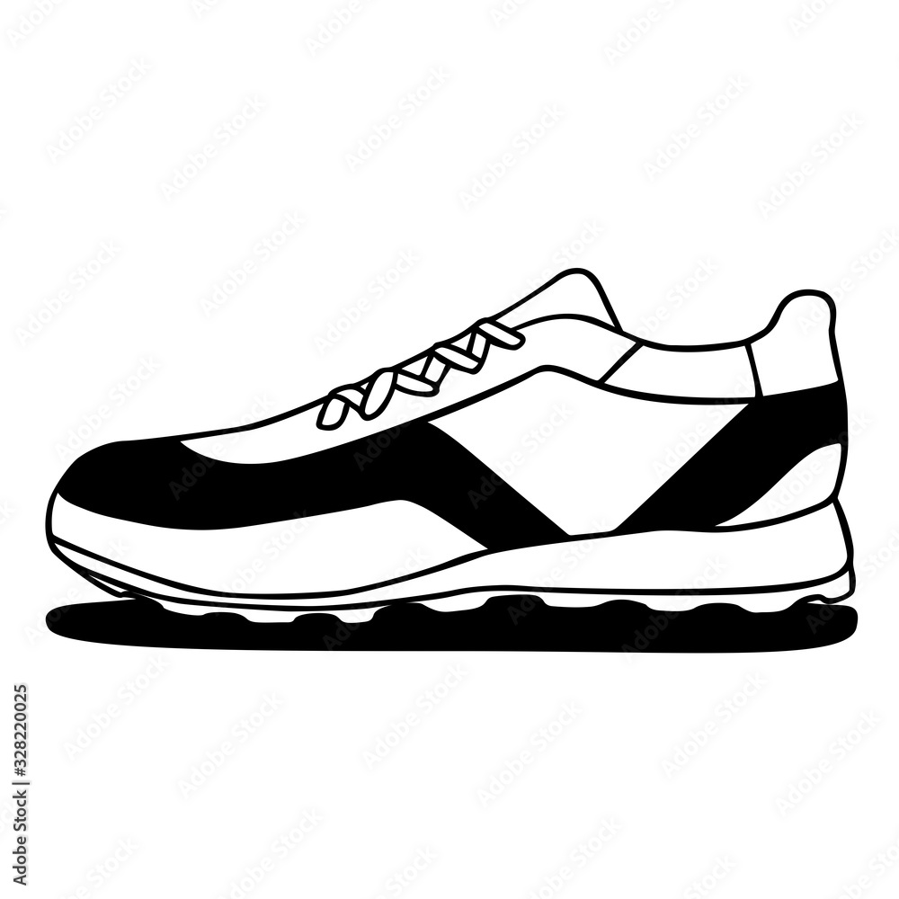 Sneakers vector Icon. Black and white doodle on White Background.Simple illustration of fitness and sport, gym shoe. Sign shop graphics