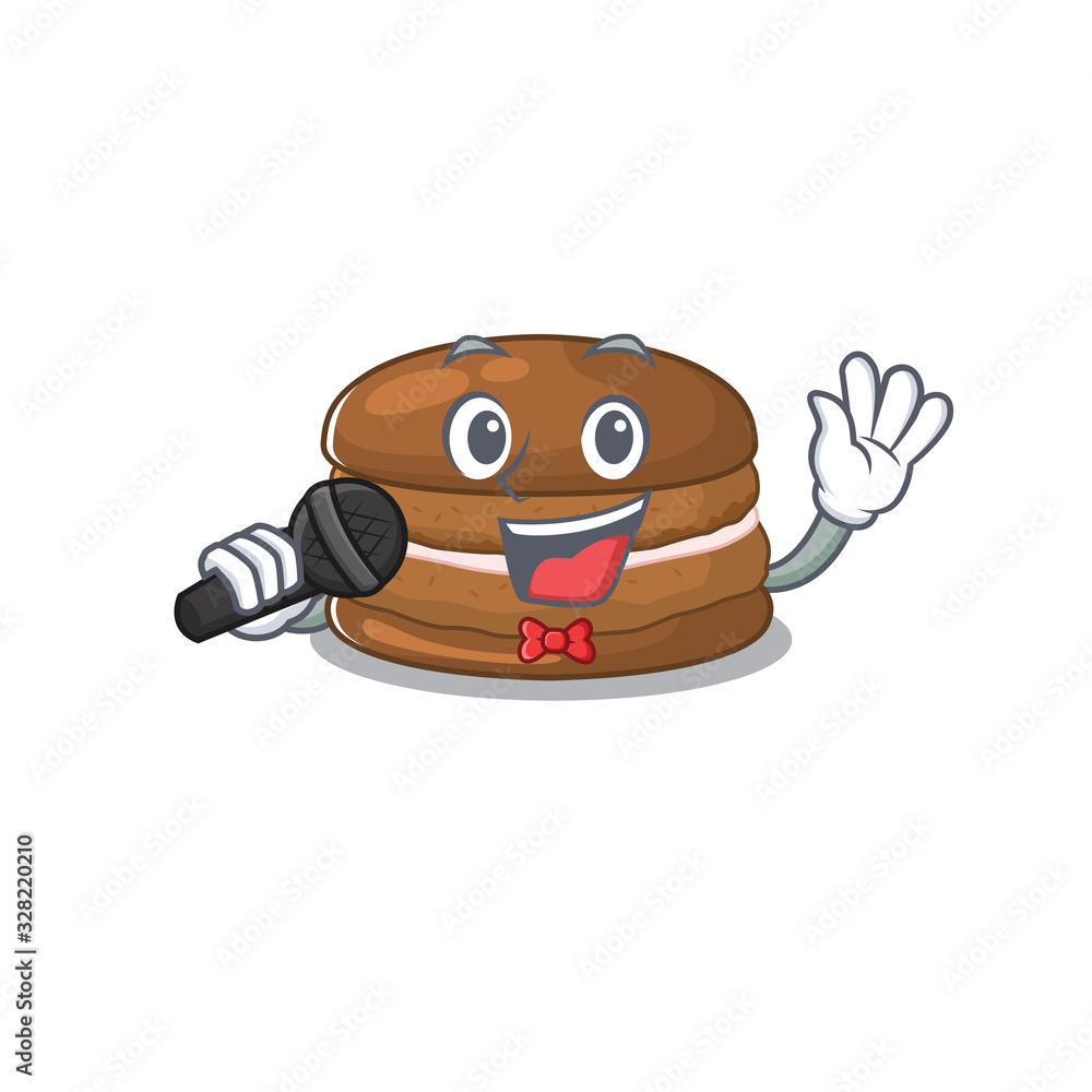Happy chocolate macaron singing on a microphone