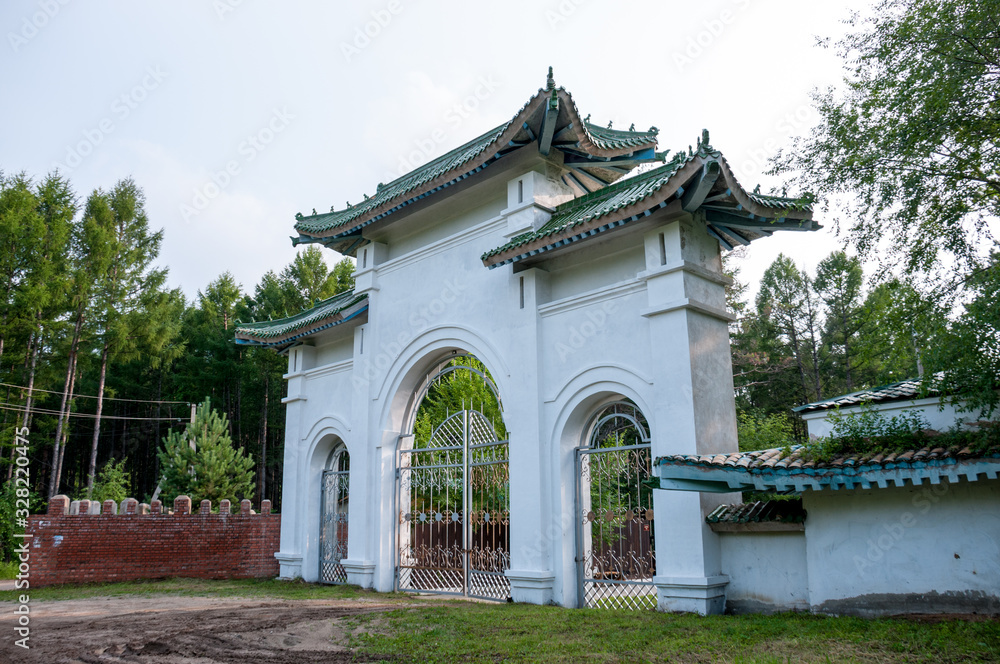 Russia, Blagoveshchensk, July 2019: Chinese-style Back gate of a summer holiday home Russia, Blagoveshchensk, July 2019: Chinese-style Back gate of a summer holiday home