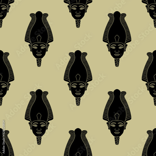 Seamless geometrical monochrome pattern with silhouetted heads of ancient Egyptian pharaoh or god Osiris.