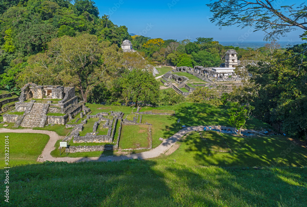 The rainforest setting of the Mayan ancient ruins of Palenque, Chiapas, Mexico.
