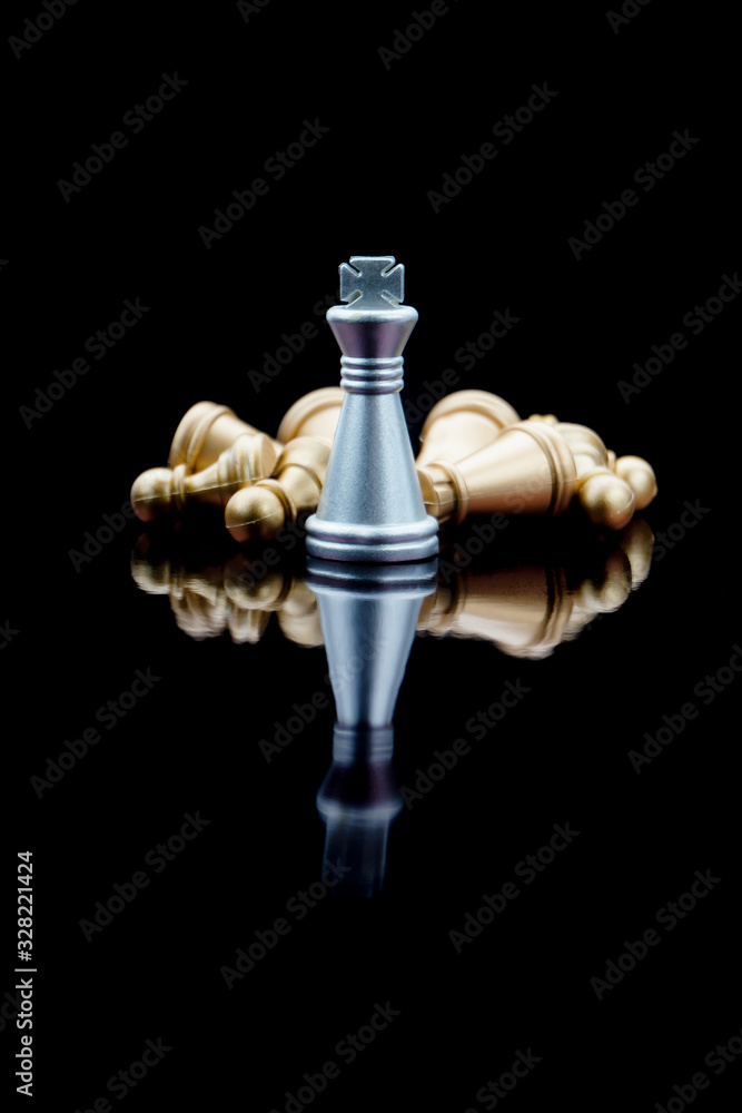 King of chess or Chess King with reflection glass on black background. Chess game, business, competition, leadership and success concept