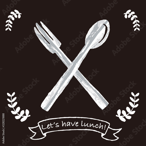 木製のスプーンとフォークとお皿　Let's have lunch!の文字