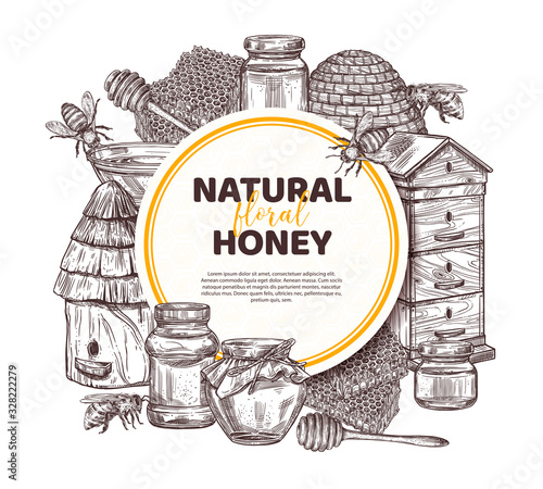 Hand drawn vector honey background. Circle poster or label with sketch illustrations for beekeeping, apiculture and mead company and business. Bees, wooden and straw hives, honey spoon, honeycomb, jar