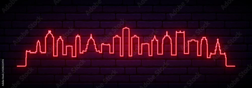 Fototapeta Red neon skyline of Detroit city. Bright Detroit long banner. Vector illustration.