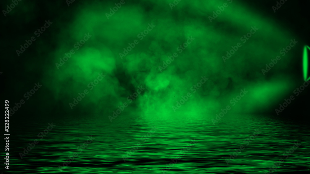 Projector green spotlight with reflection in water. Paranormal fog isolated on black background. Stock illustration. Projector green spotlight with reflection in water. Paranormal fog isolated on black background. Stock illustration.
