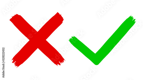 Two dirty grunge hand drawn with brush strokes cross x and tick OK check marks vector illustration isolated on white background. Check mark symbol NO and YES buttons for vote in check box, web, etc.