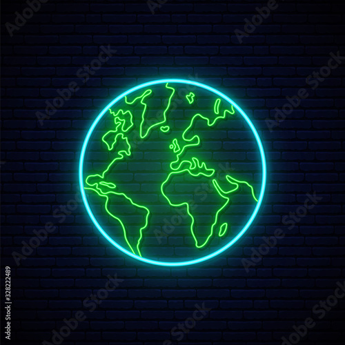 Planet Earth neon sign. Shiny Planet Earth silhouette on dark brick wall background. Concept banner for Earth day. Stock vector illustration in trendy neon style.