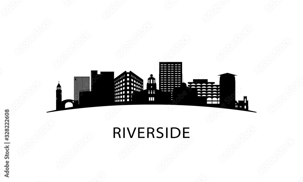 Riverside city skyline. Black cityscape isolated on white background. Vector banner.